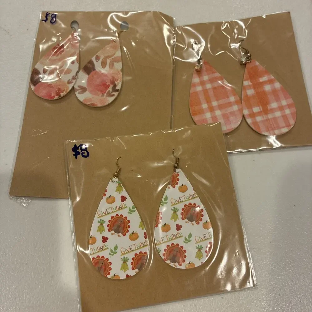 3 PCs Dangle Earrings Artisan Hand Made Winter Holiday Tree Deer Bears Glitter